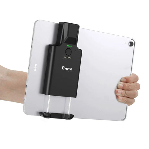 Portable Bluetooth Barcode Scanner With 3000mAh Battery attached to iPad, supports 1D 2D QR codes, ideal for inventory management.
