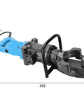 Heavy Duty Portable Electric Rebar Cutter And Steel Bar Bender For Snappy Five Second Cuts Low Noise Grind Mode Easy Push Button Switch, side angle view.
