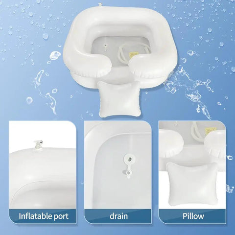 No Sweat Medical Inflatable Bed Bath Kit With Electric Pump And Portable Water Bag showing inflatable port, drain, and pillow details.