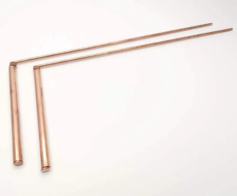 2 Pack Copper Dowsing Rods Made From 99.9 Percent Copper With Gift Bag Travel Case Divining Rods For Gold Water Spirits Ghost Hunting And Paranormal Use Pro Grade Set showcasing copper rods on white background