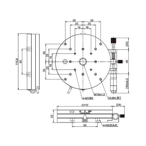 Technical diagram of Precision Manual Rotary Stage SEMR110-AR 110mm Diameter With Fine Adjustment, dimensions and design details shown.