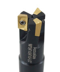 Close-up of Accusize 3/4in square-shoulder indexable end mill with APKT11T3 carbide inserts