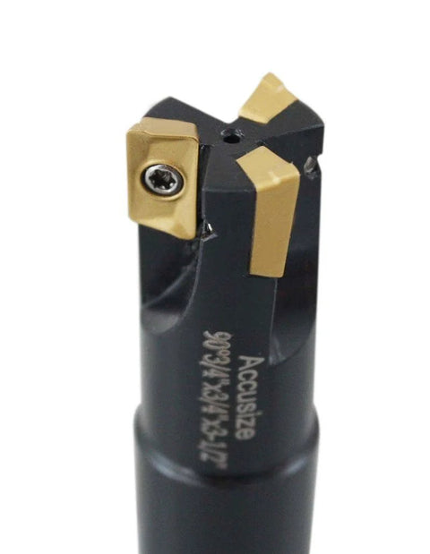 Close-up of Accusize 3/4in square-shoulder indexable end mill with APKT11T3 carbide inserts