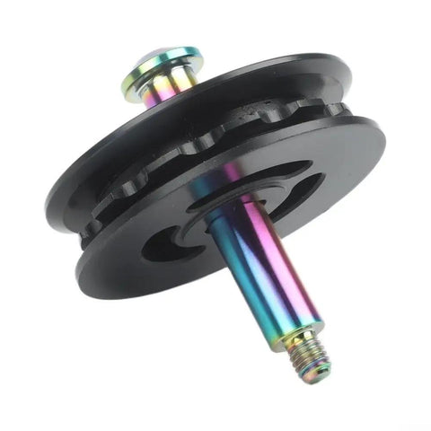 Upgrade Your Brompton Folding Bike With This Epic Nylon Chain Tensioner Pulley Wheel Featuring A Durable TC4 Titanium Bolt And Smooth Ride Performance For 8mm Or 10mm Inner Diameter Rear Setup Options., black nylon pulley wheel with rainbow TC4 titanium bolt for folding bike rear tensioner