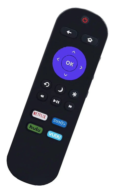 All In One Roku TV Remote For ONN Models, Universal Replacement Remote showcasing media buttons on black body