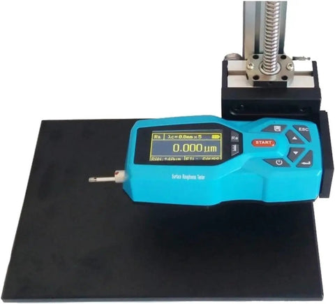 Portable Surface Roughness Tester With 22 Parameters, Real Time Clock, Ra And Rz Measurement, Ultra Accurate 0.001, LCD Display, Data Output And Printer Ready, Pro Profilometer For Production Floors, blue handheld unit on test stand