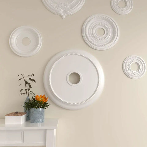 Ceiling Medallion For Canopies Up To 4 3 Eighth Inch, Outside Diameter 24 1 Eighth Inch, Inside Diameter 4 3 Eighth Inch displayed on wall