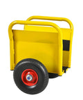 Heavy Duty Panel Dolly With 1000 Pound Capacity Rock Hard Steel Frame Smooth Rolling Ten Inch Rubber Tires, side view of yellow and black dolly.