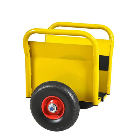 Heavy Duty Panel Dolly With 1000 Pound Capacity Rock Hard Steel Frame Smooth Rolling Ten Inch Rubber Tires, side view of yellow and black dolly.