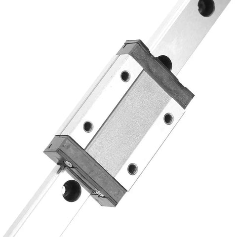 Close-up of MGN12H Black Miniature Linear Rail Guide 12mm Width with Slide Block for Precision Equipment, angled view.