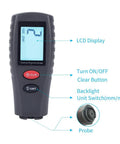 Automotive Paint Thickness Tester Gauge With High Contrast Backlit LCD 2 Mil Resolution Auto Power Off Auto Digital Calibration Data Hold Mini Size Measures Car Coatings Non Destructively Dual Unit MM Mil, black handheld gauge