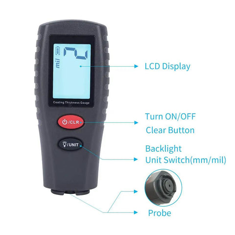 Automotive Paint Thickness Tester Gauge With High Contrast Backlit LCD 2 Mil Resolution Auto Power Off Auto Digital Calibration Data Hold Mini Size Measures Car Coatings Non Destructively Dual Unit MM Mil, black handheld gauge