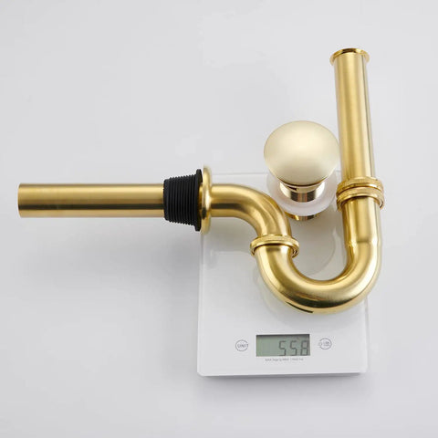 Brushed Gold U-Shape Sink Stopper Kit With Overflow For Bathroom One And A Quarter Inch Slip Inlet Drain Bottle Trap Complete Pop Up Waste Set Easy Install Fits Most Sinks Meets USA CAN Plumbing Codes on scale