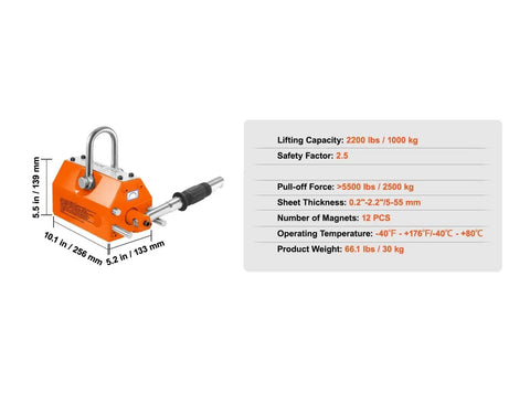 Heavy Duty Permanent Magnetic Lifter Packs 1000 Kg Of Raw Pulling Power For Moving Steel Scrap side view with U loop shackle hook.