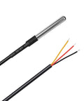 Close-up of Six Pack DS18B20 Temperature Sensor Probes 2M Waterproof Stainless Steel Temperature Probe Kit For Arduino ESP32 Xiao And Other Development Boards Minus 55C To 125C Range DIY Maker Friendly showing stainless steel tip and wires