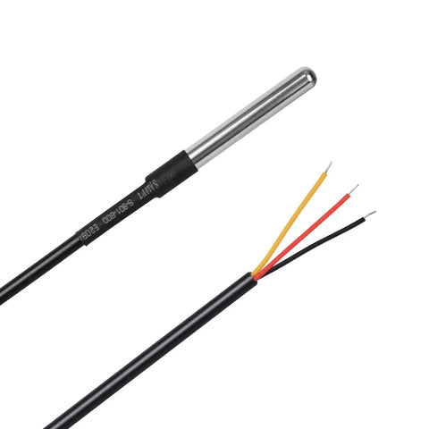 Close-up of Six Pack DS18B20 Temperature Sensor Probes 2M Waterproof Stainless Steel Temperature Probe Kit For Arduino ESP32 Xiao And Other Development Boards Minus 55C To 125C Range DIY Maker Friendly showing stainless steel tip and wires