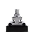 Beefy 600Amp 4 Post Power And Ground Distribution Busbar With Nickel Plated Copper Terminals 3/8 Inch Studs 14Mm Locknuts Rock Solid Car Audio Wiring Harness Setup Made In Usa Black, front view with shiny terminals.