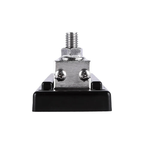 Beefy 600Amp 4 Post Power And Ground Distribution Busbar With Nickel Plated Copper Terminals 3/8 Inch Studs 14Mm Locknuts Rock Solid Car Audio Wiring Harness Setup Made In Usa Black, front view with shiny terminals.