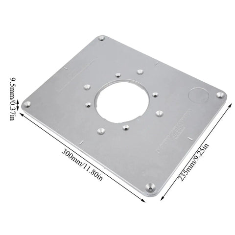 Beast Mode Router Table Insert Plate Built From Heavy Duty Aluminum Alloy Panel With Precision Center Hole Bushing For Slick Drill Alignment And Dead Sure Mounting On Daily Shop Rounds, 300mm by 235mm, 9.5mm thick.