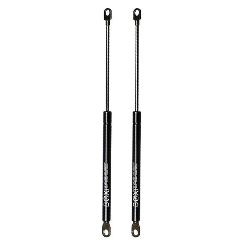 Two Pack Universal Lift Support Struts Ninety Pound Gas Shocks For Toolbox Lid Boat Storage Truck Cap And Toppers With Eyelet Ends in black.