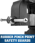 Heavy Duty Shop Bench Vise With 5 Inch Jaw Width And 5 Inch Opening, showing rubber pinch point safety guards.