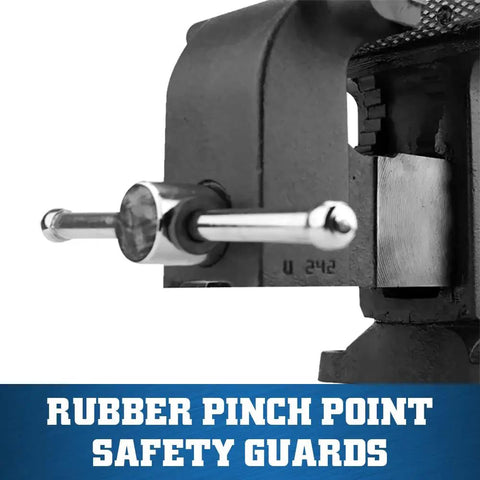 Heavy Duty Shop Bench Vise With 5 Inch Jaw Width And 5 Inch Opening, showing rubber pinch point safety guards.