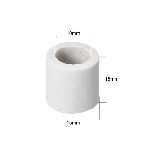 Front view: white 10mm bore ceramic insulation tube, 15mm OD, 15mm tall, alumina porcelain high-temp insulator.