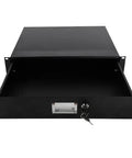 Straight Up Heavy Duty 19 Inch 2U Rack Drawer Cabinet With Secure Lock And Keys Crafted From Solid Steel In Sleek Black, open view