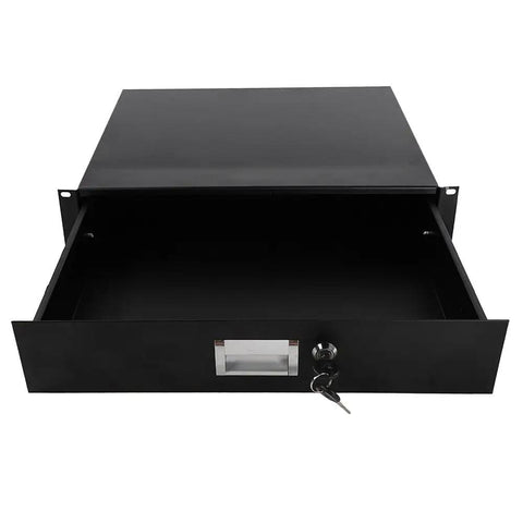 Straight Up Heavy Duty 19 Inch 2U Rack Drawer Cabinet With Secure Lock And Keys Crafted From Solid Steel In Sleek Black, open view