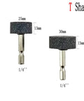 T-shaped abrasive bits with 1/4 inch hex shank from 8 Piece Rotary Grinding Stone Set for die grinder drill use with metal or wood.