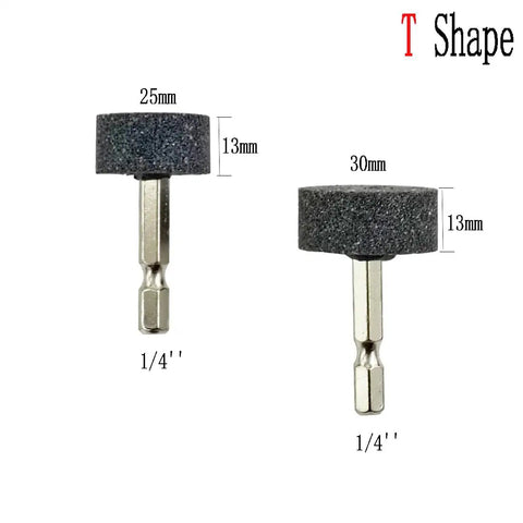 T-shaped abrasive bits with 1/4 inch hex shank from 8 Piece Rotary Grinding Stone Set for die grinder drill use with metal or wood.