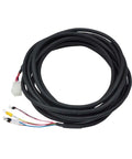 Coiled black servo motor power cable with white connector and exposed multicolored wires
