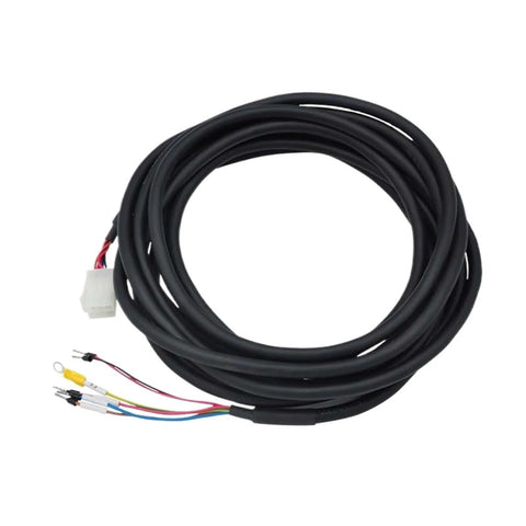 Coiled black servo motor power cable with white connector and exposed multicolored wires