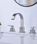 Widespread 8 Inch Bathroom Faucet With Brushed Nickel Finish 3 Hole Square Sink Faucet Overflow Pop Up Drain CUPC Supply Lines Ceramic Cartridge Modern Waterfall Swivel Spout
