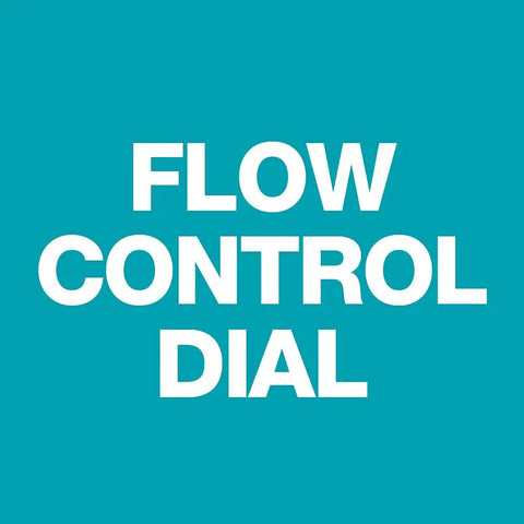 Text stating 'Flow Control Dial' for Full Size Zinc Pistol Grip Garden Hose Nozzle With Threaded Front Silver Metal Construction Beefy Heavy Duty Water Sprayer With Flow Control Dial And Rear Control For Cleaning Tasks