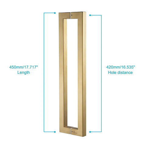 Beefy Heavy Duty Commercial Grade 18 Inch Satin Gold Push Pull Door Handle In Solid Stainless Steel 304 1.2mm Thick 30x30mm Square Cross Section Chamfered Edges 450mm Grip 420mm Bolt Spacing Durable Modern Finish, 450mm handle