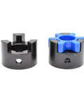 Built Tough L Shaped Plum Servo Motor Coupling Featuring Star Flex Design showing two units, one black and one blue.