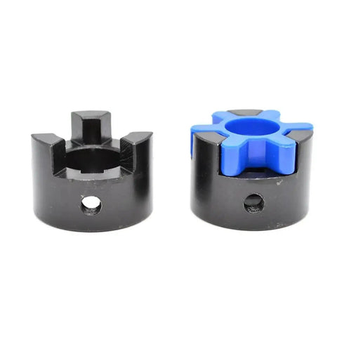 Built Tough L Shaped Plum Servo Motor Coupling Featuring Star Flex Design showing two units, one black and one blue.