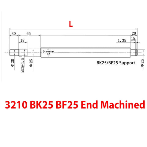 Technical drawing of DFU3205 Ball Screw With Double Ball Nut BK25 BF25 End Machined, 32 mm diameter, 10 mm pitch for CNC machines.