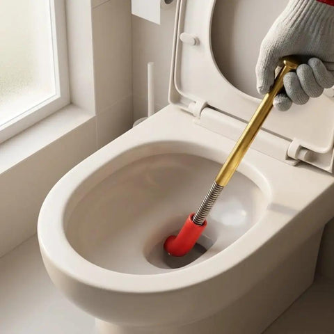 Heavy Duty Manual Toilet Auger Six Foot Steel Drain Snake with Long Handle in toilet for clearing clogs.