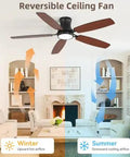 Bayfeve 52-Inch Flush-Mount Ceiling Fan with Light (Black + Plywood) showing reversible airflow for summer and winter in a living room.