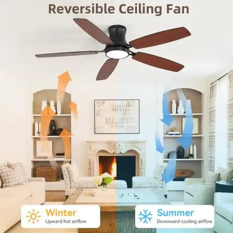 Bayfeve 52-Inch Flush-Mount Ceiling Fan with Light (Black + Plywood) showing reversible airflow for summer and winter in a living room.