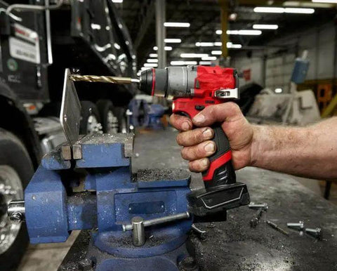 Straight Up Powerful Brushless Drill Driver Compatible With Milwaukee M12 12V Half Inch Cordless Power Tool Bare Unit in hand drilling metal.