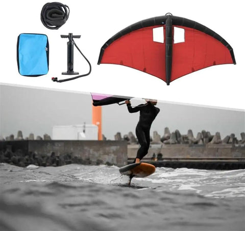Wind Wing Foil For Surfing And Kitesurfing, Inflatable Handheld Foil Wing Kite with pump, bag, and accessories, in action on water