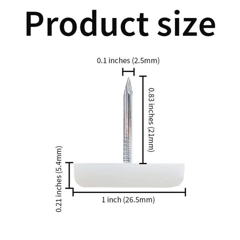 Top Shelf White Nylon Chair Leg Glides 24 Pack With Solid Metal Nails 1 Inch Heavy Duty Furniture Sliders showing size dimensions.