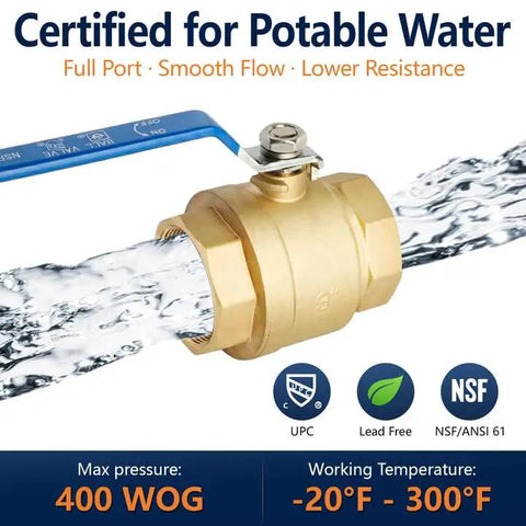 Rock Solid Full Port Brass Ball Valve Three Inch Model featuring water flow, brass body, and lead-free certification for potable use.