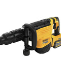 Badass 60V Max Cordless SDS Max Chipping Hammer Kit With Killer Impact Energy Active Vibration Control And Wireless Dust Extractor Sync Super Smooth Demolition Rig For Hard Core Pros, side view of the yellow and black chipping hammer with battery.
