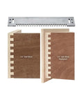 Top Shelf Half Blind Dovetail Router Bit And Template Kit displayed with half blind joint samples in wood.
