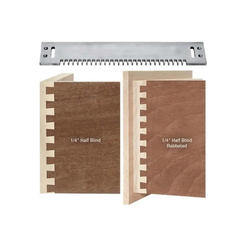Top Shelf Half Blind Dovetail Router Bit And Template Kit displayed with half blind joint samples in wood.