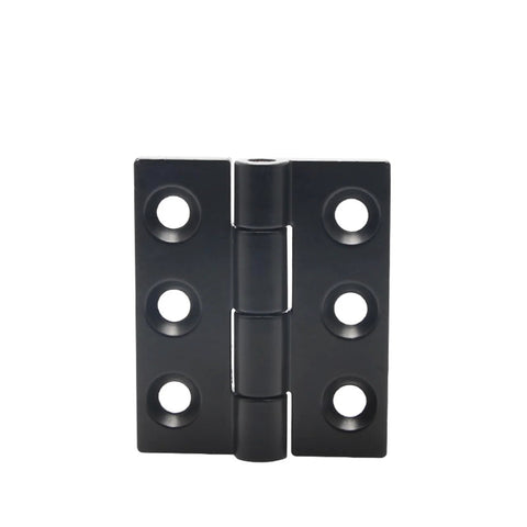 Front view of black JL715 adjustable torque position control hinge with six mounting holes per plate